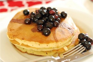 Lemon Cream Cheese Pancakes with Blueberry Maple Syrup via The Naptime Chef